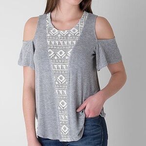 BKE Buckle Day Trip Gray Embroidered Cold Shoulder Boho Top